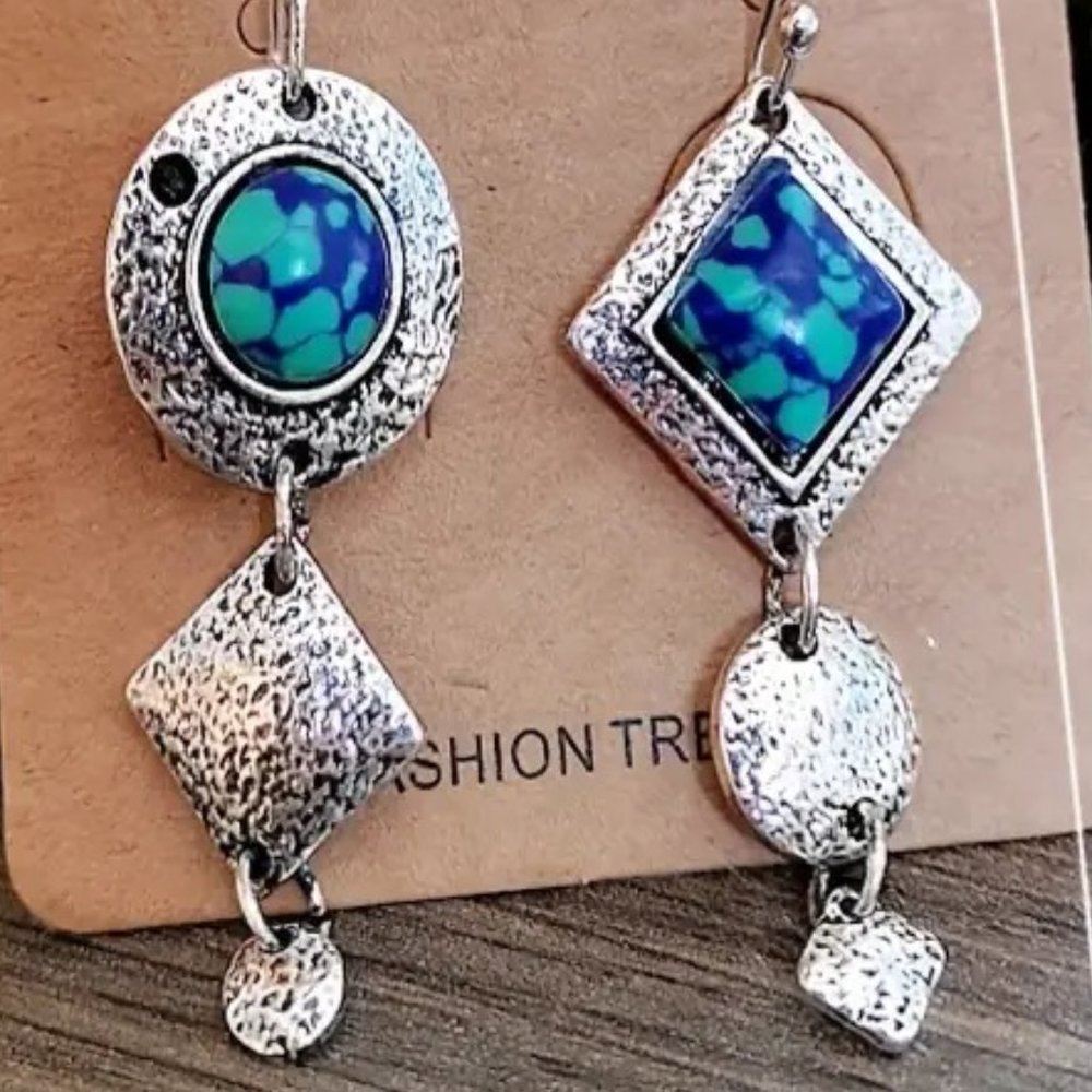 925 Silver Plated Asymmetrical Vintage Boho Drop Earrings - NEW